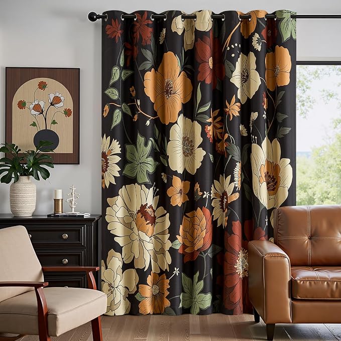jinchan Black Boho Floral Blackout Curtains W100xL84 Grommet 1 Panel | Room darkening, Vintage, living room, bedroom, privacy, floral print, flower pattern, fall decor, window treatments