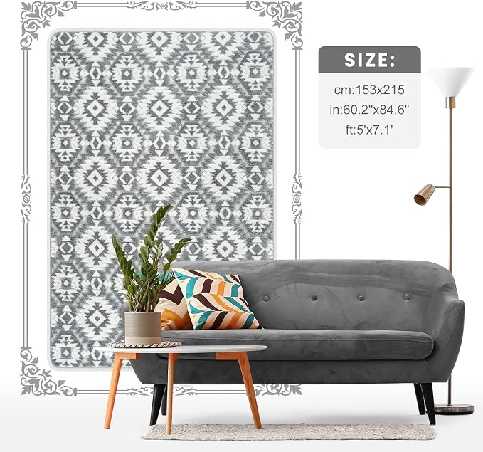 Macgace Ultra Soft Area Rug for Living Room, 5x7 Grey and White Shag Rugs | Washable Non-Slip Backing Medium Pile Modren Geometric Fuzzy Carpet for Kids Room, Girls Bedroom, Classroom, Dorm