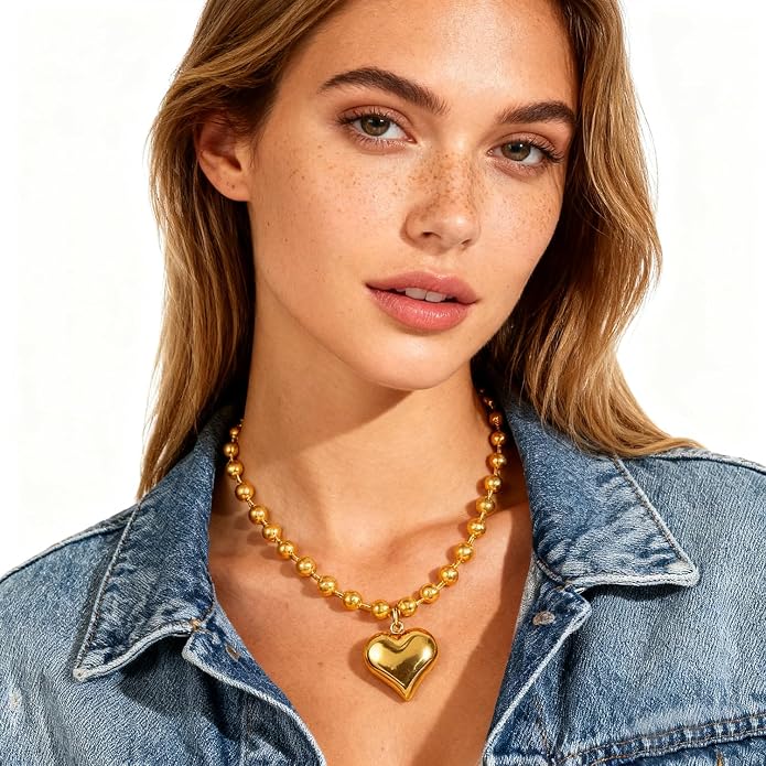 Chunky Gold Heart Necklace for Women, 18K Gold Plated Puffy Heart Pendant with Thick Paperclip Chain, Large Statement Choker Necklace, Vintage Style Stainless Steel Jewelry Gift for Christmas, Birthday, Valentine‘s Day