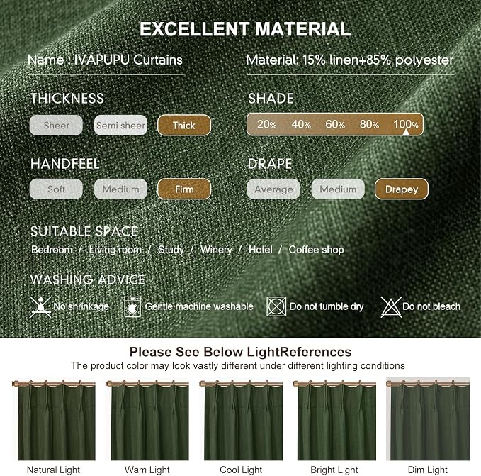 IVAPUPU Linen Pinch Pleated Full Blackout Curtains for Bedroom - 2 Pages Black Out Green Curtains 63 Inch Long 2 Panel for Living Room Darkening Thermal Window Curtain Drapes with 16pc Hooks