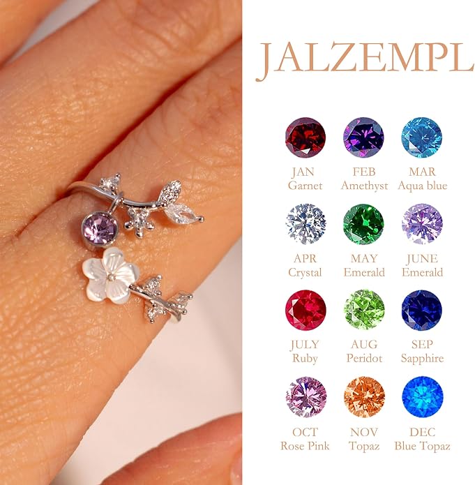 Birthstone Flower Rings For Women Non Tarnish Gemstone Cubic Zirconia Mother of Pearl Adjustable Size 7-11 Silver Rose 14K Gold Plated Birth Jewelry Gift For Birthday