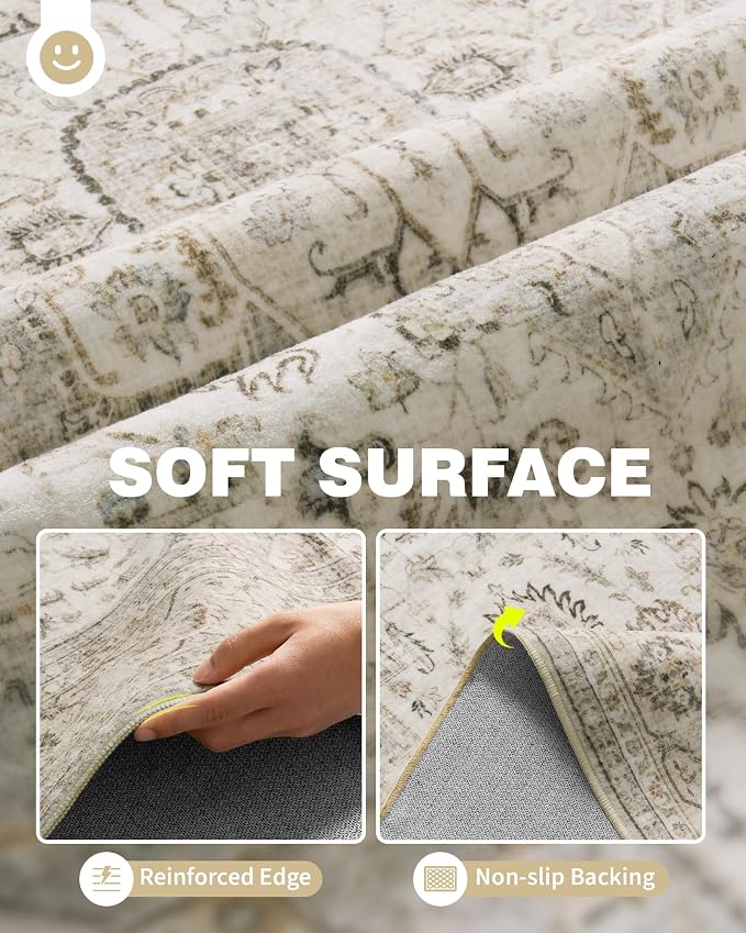 Roxstand 9x12 Washable Area Rug, Vintage Non Slip Rugs, Ivory/Beige | Soft Low Pile Design, Stain Resistant,Pet & Kid Friendly,Carpet for Living Room, Bedroom, Dining Room and Office Decor