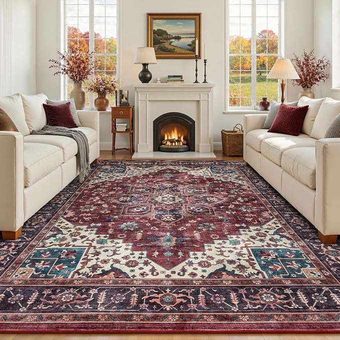 9x12 Washable Area Rugs for Living Room Bedroom, Non-Slip Burgundy | Vintage Farmhouse Boho Distressed; Low Pile; Stain Resistant; Wine Red Carpet for Dining Under Table, Office, Nursery, Lounge