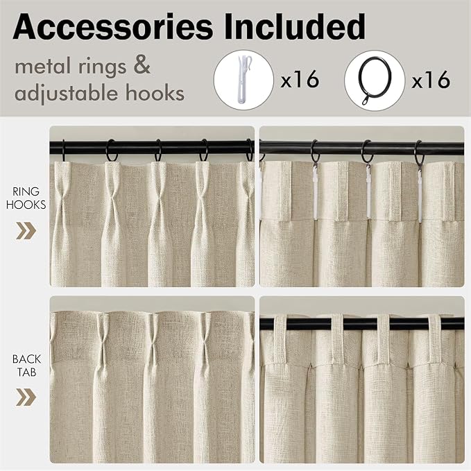 MIULEE Pinch Pleated Thick Linen Curtains 90 Inches Long 2 Panels for Living Room Bedroom, Linen Textured Memory Trained Pleat Drapes Back Tab Light Filtering Beige Window Curtains with Hooks