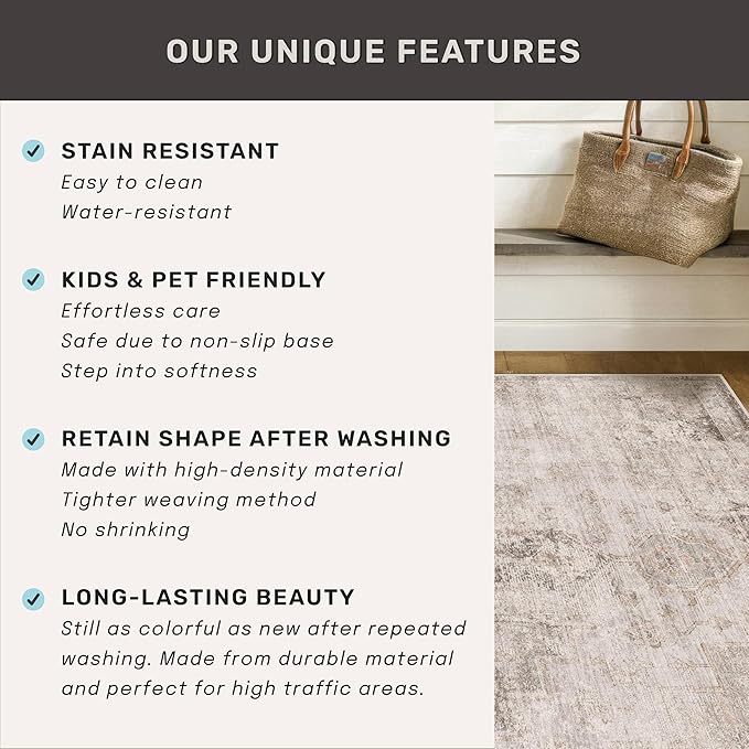 Hazo Haus Neutral Farmhouse Area Rug for Bedroom - 7x9 Washable Rug for Dining Room Table, Ultra-Thin Soft Textured Boho Abstract Indoor Decor, Fade & Stain Resistant