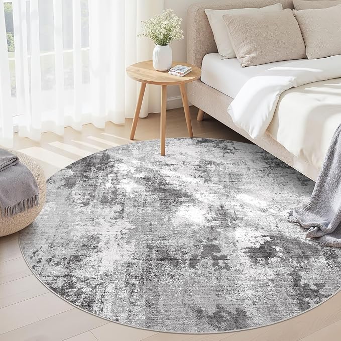 Abstract 6FT Round Rug: Machine Washable Non Slip Ultra Thin Low-Pile Carpet, Soft Stain Resistant for Living Room Bedroom Nursery, Kid Pet Friendly, Robot Vacuum Compatible - Grey