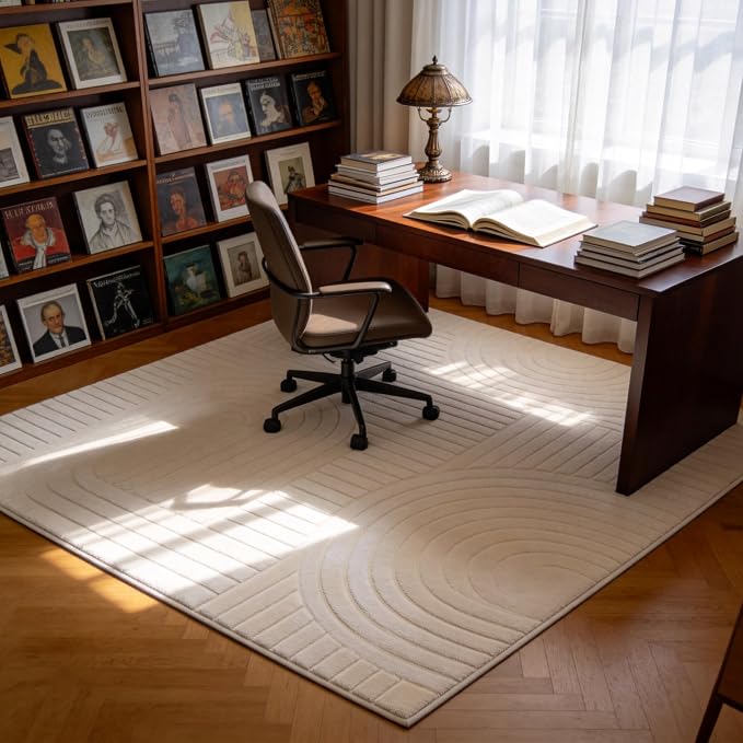 5x7 Beige Area Rug, Washable Rugs for Living Room Bedroom | Fluffy High-Low Pile Textured Rug with Modern Geometric Pattern, Ultra Soft Boho Carpet for Nursery, Kids Room, Home Office
