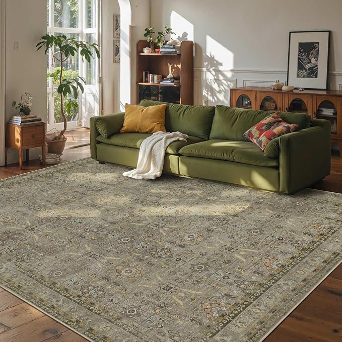 Rugxara 8x10 Area Rugs for Living Room Large Washable Rug, Olive Brown | Non Slip, Rug for Dining Room Bedroom Office Kids Room, Stain Resistant, Soft, Low Pile, Vintage Boho Retro Carpet,Home Decor
