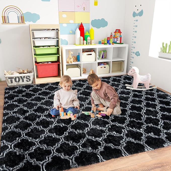 9x12 Area Rugs for Bedroom Living Room, Large Modern Black and White Rugs | Soft Fluffy Plush Geometric Rug Upgrade Non-Slip Shaggy Fuzzy Carpet for Playroom Teen Dorm Home Office Decor