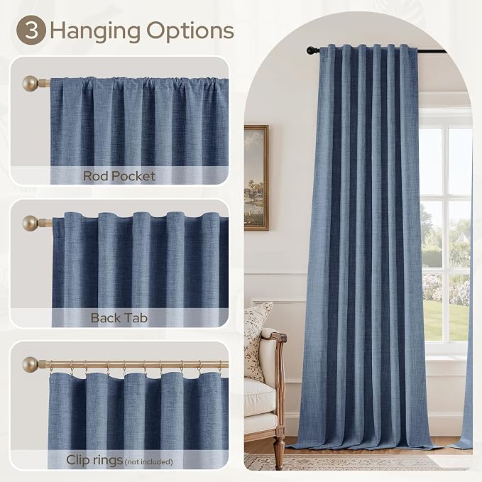 HOMEIDEAS 100% Blackout Faux Linen Curtains,Stone Dusty Blue Modern Farmhouse Luxury Curtains 63 Inches Long 2 Panels, Rod Pocket & Back Tab for Boho Vintage Living Room,Bedroom Decor