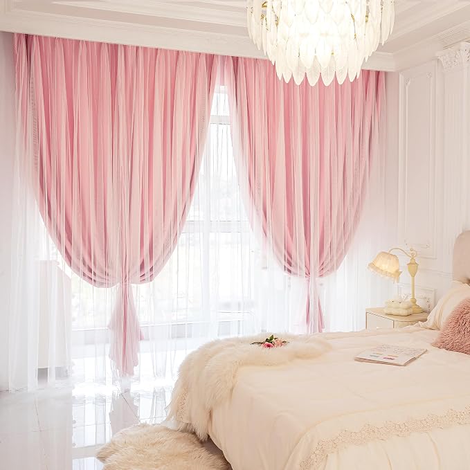 XiDi Pink Curtains Blackout 84 Inches Long for Girls Bedroom Living Room 2 Panels Grommet Thermal Insulated Double Layer Cute Girly Nursery Curtains with Sheer Overlay for Kids Princess W52XL84