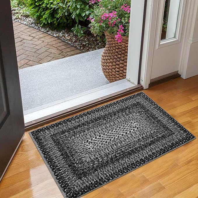 RUGSREAL Entryway Rug 2x3 Small Bedside Throw Mat with Rubber Backing Machine Washable Living Room Rug Non Slip Bathroom Mat Stain Resistant Braided Print Carpet for Dining Room Kitchen Hallway, Black