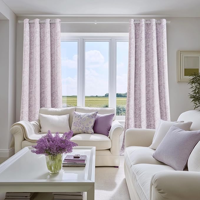 Beauoop Purple Floral Jacquard Blackout Curtains for Bedroom 52x90 2 Panels | Flower Chenille Room Darkening Drapes for Living Room 90 Inch Long Thermal Insulated Soundproof Window treatment Grommet