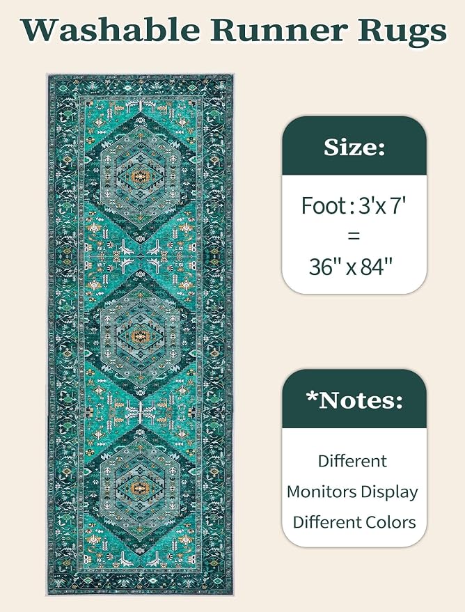 SERISSA Boho Kitchen Runner Rug, 3x7 Washable Non-Slip Runner Rug for Hallways Kitchen Rug, Ultra Soft Vintage Teal Print Distressed Tribal Floor Carpet Runner for Bedroom Entryway Laundry Room