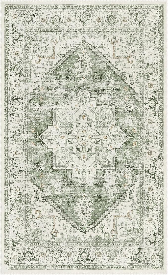 LIVEBOX Sage Washable Vintage Area Rug 3x5 Non-Slip | Low-pile design, machine washable, distressed print, perfect for entryway, bedroom, kitchen, foyer and laundry room
