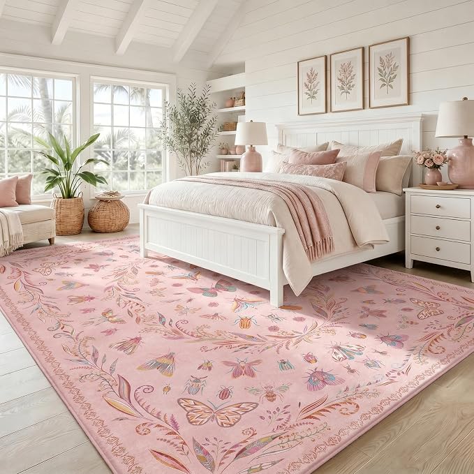 Lunasun Cute Rugs for Bedroom Girls - Pink Living Room Rugs 8X10, Dining Room Table, Washable Pastel Flower Insect Print Whimsical Décor