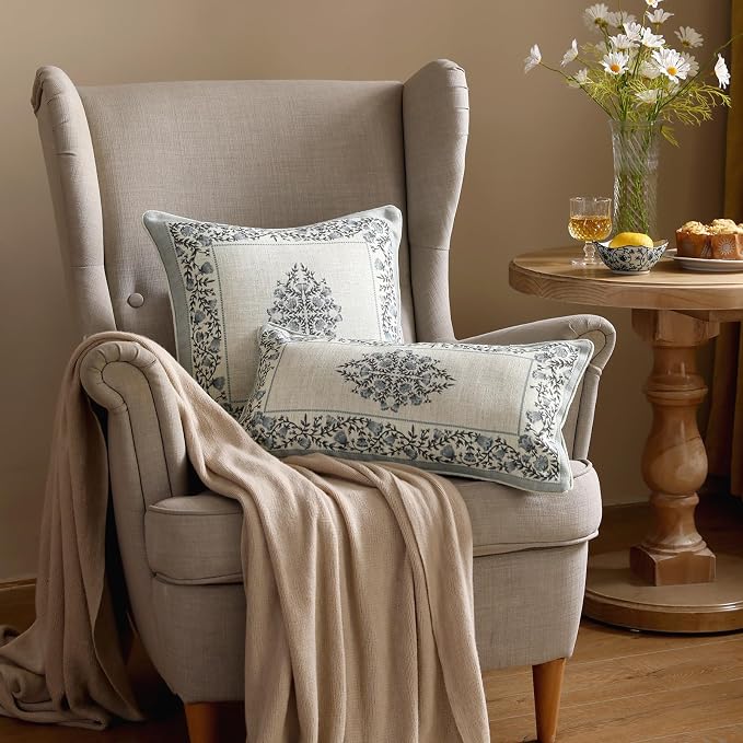 ISAENNE Designer Linen Throw Pillow Cover,Set of 2,20"x12"-Segerman A | Elegant Chinoiserie Rectangle Pillow Cover,Concealed Zipper Design,Floral Pattern,Sofas,Bedroom,Living Room,Lounge Chairs