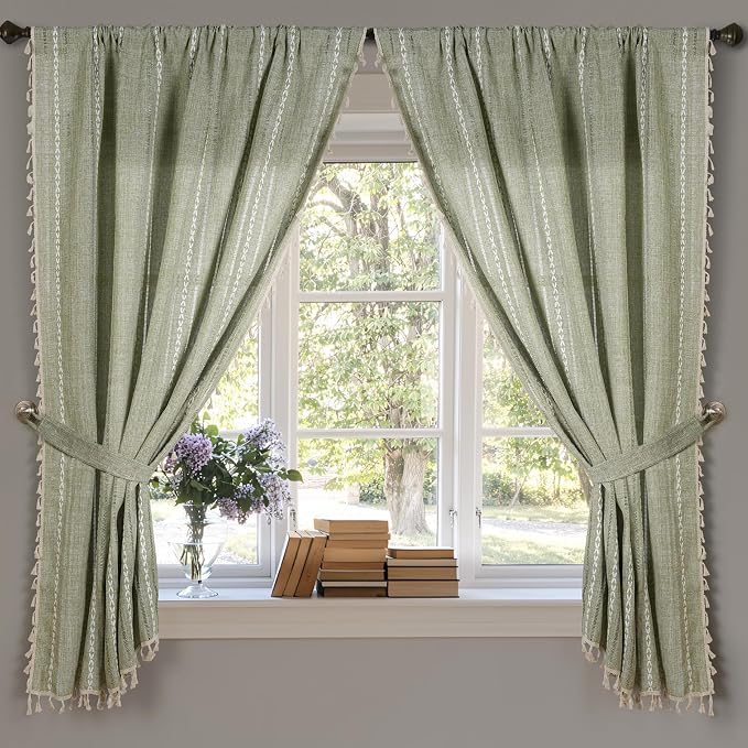 ColorBird Sage Green Boho Curtains Linen-Textured for Living Room Light Filtering Modern Farmhouse Whimsical Decor Drapes Embroidered Striped 63 Inch Length for Dining Room Bedroom