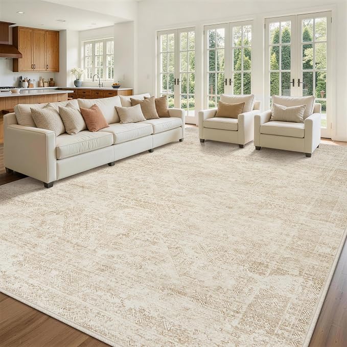 8x10 Area Rugs for Living Room Rug Washable: Abstract Large Rug for Dining Room Bedroom Carpet Non Slip 8 by 10 Indoor Modern Nursery Home Office Beige