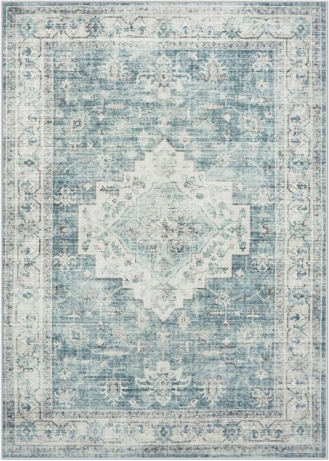 LIVEBOX Washable Area Rug 9x12 Rugs for Living Room Bedroom, Non-Slip Boho Indoor Carpet for Dining Room Office, Low-Pile Farmhouse Soft Carpets for Kids Nursery Room Playroom, Blue