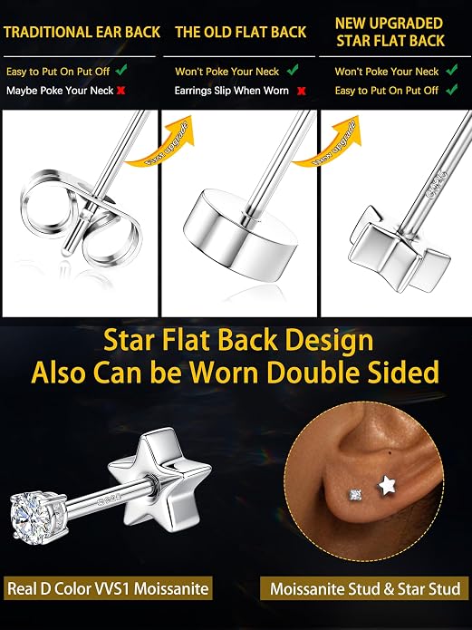 Moissanite Earrings Studs - 925 Sterling Silver Earrings for Women Men 14K Gold Plated Double Sided Star Flat Back Stud Earring Hypoallergenic Small Cartilage Helix Piercing Jewelry D Color VVS1