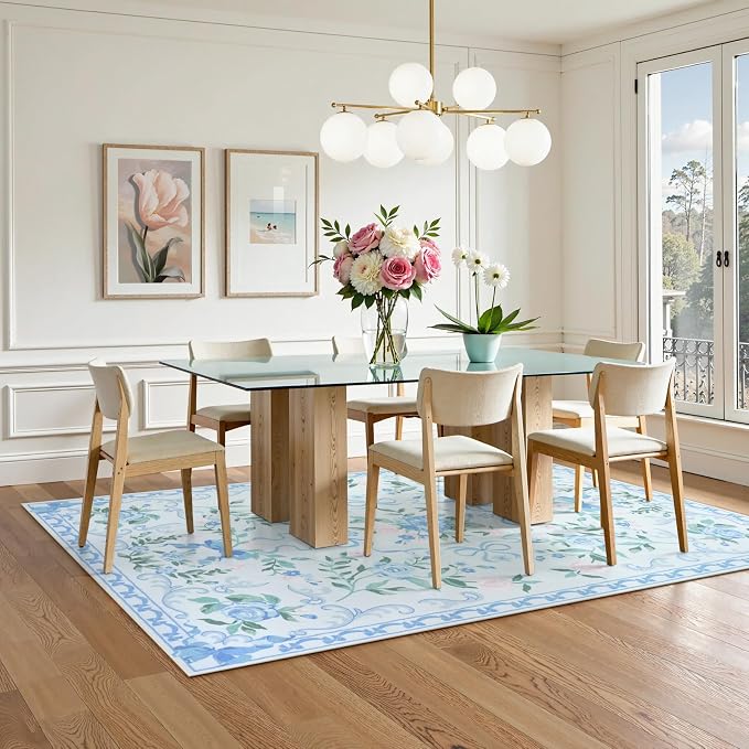 Collive Blue Floral Rugs for Girls, 5x7 Washable Bow Area Rug for Living Room, Cute Ultra-Thin Non Slip Indoor Decor Carpet for Nursery Kids Room Bedroom Playroom (Blue 5' x 7')