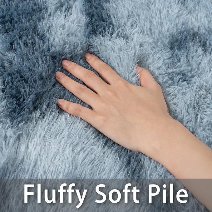 8x10 Area Rugs for Living Room, Dark Blue Tie-Dyed Plush Fluffy Carpet | Upgrade Non-Slip Thick Large Blue Area Rug for Nursery Kids Room Dorm Room Home Decor, Indoor Plush Floor Carpet