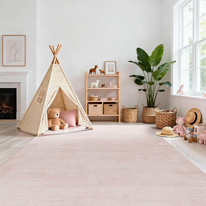 BILEEHOME Large Area Rug for Bedroom Washable Ombre Blush Pink Rugs 9x12 | Abstract Boho Low Pile Carpet, for Living Room Diningroom, with Non Slip Foldable, Rubber Backing, Hardwood Floor Protector
