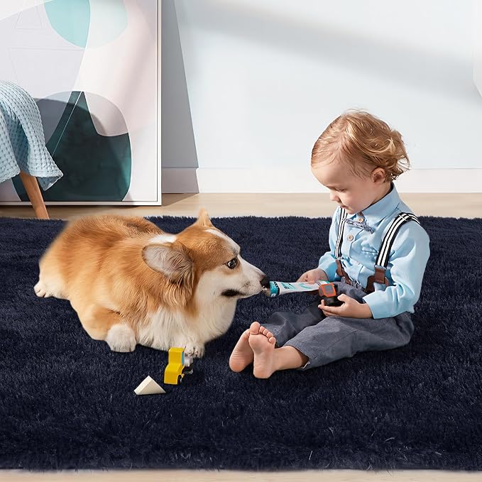 Sour Lemon Area Rugs 9x12 Living Room Bedroom, Large Fluffy Shag Navy | Shaggy Carpet, Soft Plush Furry Bedside Rugs, Anti Slip, Washable Area Modern Rugs Floor Mat for Kids Girls Boys Living Room