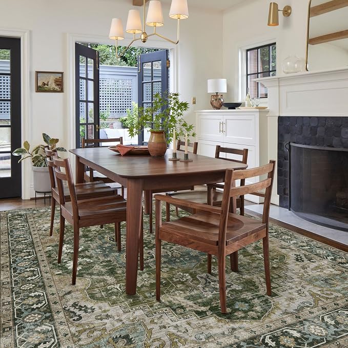 LUXRUG Area Rugs 9x12 Living Room - Large Washable Moss Green Boho Rugs for Bedroom Soft Vintage Rug Ultra-Thin Farmhouse Oriental Carpet Stain Resistant Rug for Dining Room Guest Room Home Decor