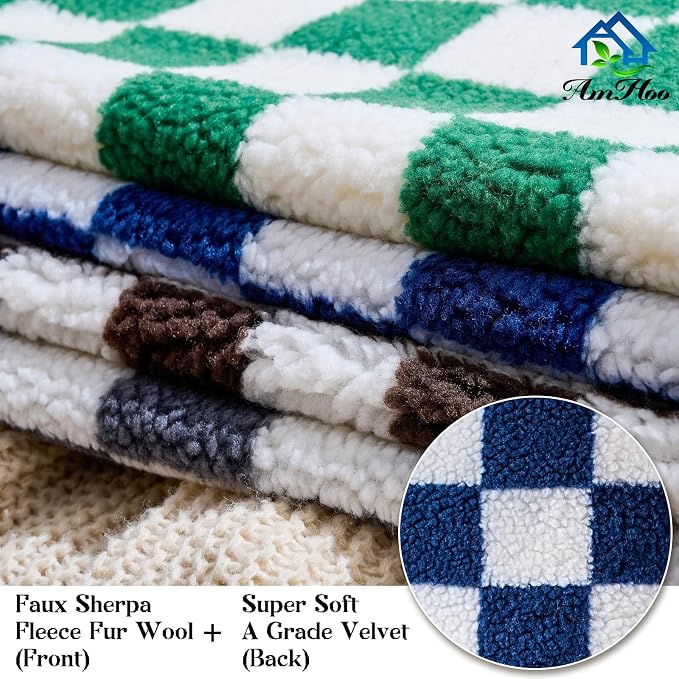 AmHoo Pack of 2 Decorative Throw Pillow Covers Checkerboard Luxury Super Soft Faux Fur Wool Set Case Cushion for Couch Sofa Bedroom 18 x 18-Inch Coffee