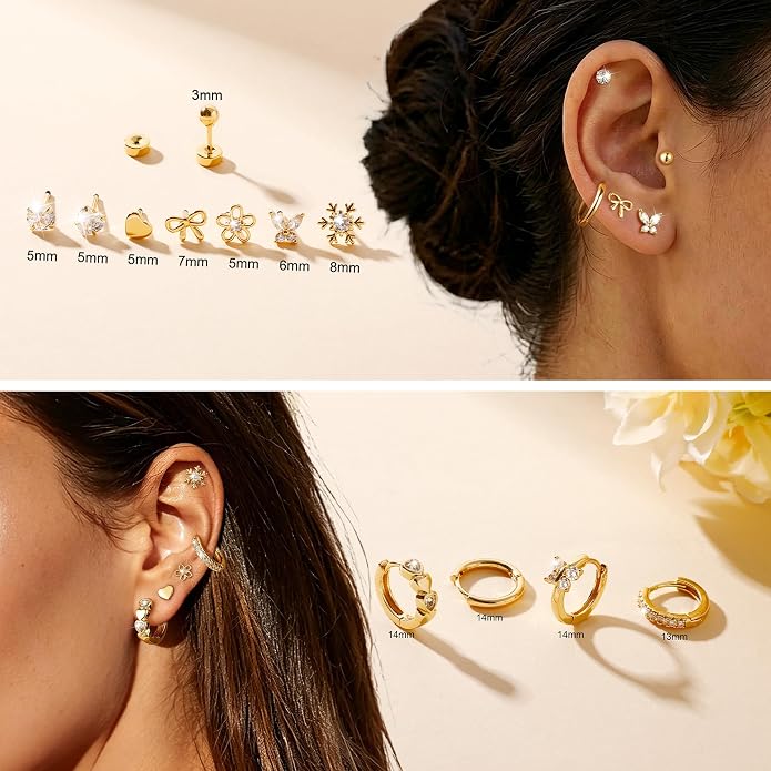 Hypoallergenic 14K Gold Stud Earrings Set for Women Surgical Stainless Steel Flat back Earrings Small Gold Huggie Hoop Earring for Sensitive Ears Screw Back Cartilage Piercing Jewelry