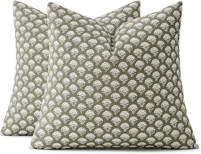 MIULEE Set of 2 Decorative Floral Euro Shams Pillow Covers Neutral Vintage Throw Pillows Block Print Boho Farmhouse Cushion Covers for Modern Home Decor Couch Bed Living Room, 26x26 Inch, Sage Green