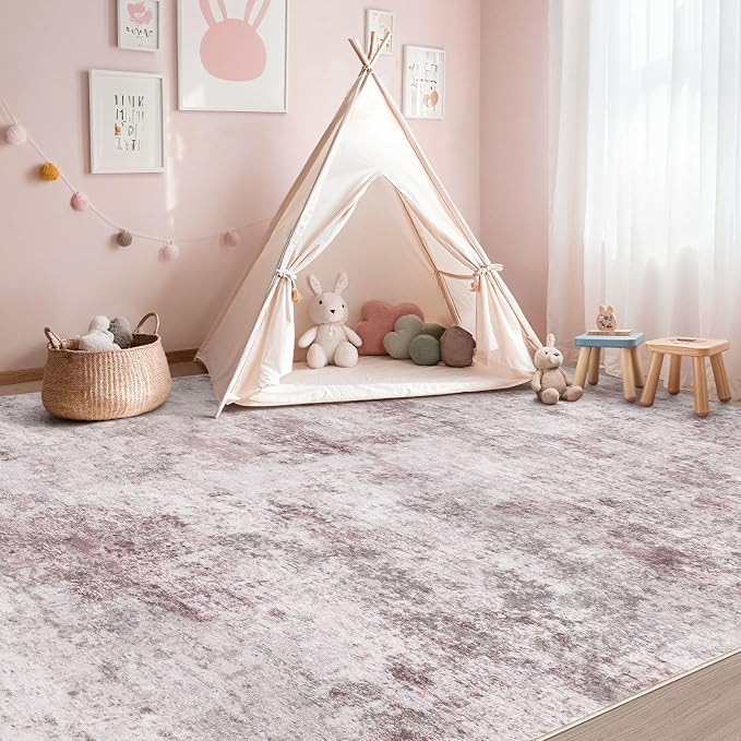 UERMEI 5x7 Washable Area Rug - Neutral Modern Abstract Living Room Rugs, Non-Slip Soft Large Indoor Floor Carpet for Bedroom Home Office & Under Dining Table Decor, Pink Grey