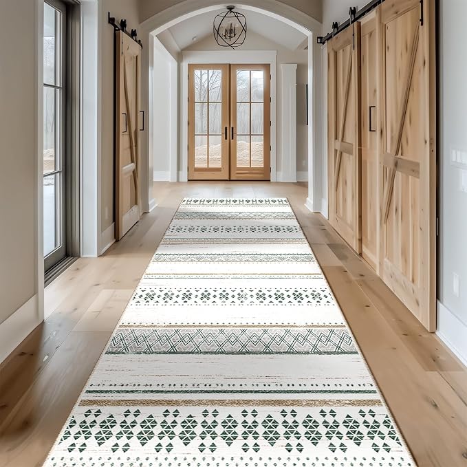 BESTSWEETIE 2x8 Area Rugs for Living Room Washable Moroccan Farmhouse Neutral Geometric Low Pile Non-Slip Soft Print Pattern Rug for Bedroom Kitchen Dining Room Entryway Green/Brown