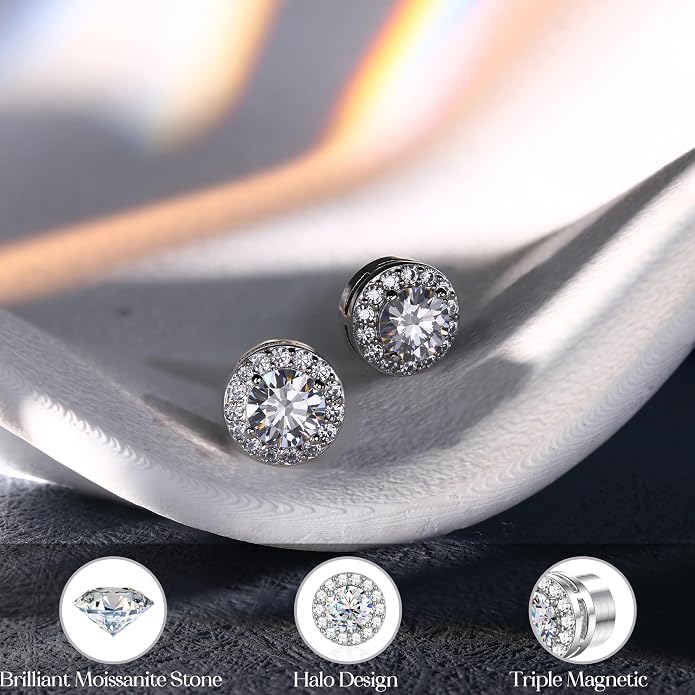 GEMQUEEN Moissanite Magnetic Earrings for Men : 18K White Gold Plated Hypoallergenic Stainless Steel Non Piercing Clip on Fake Earrings Studs Halo Round Square Diamonique Earring Women D Color VVS1