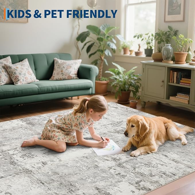 GarveeHome 9x12 Abstract Area Rugs Neutral Beige Washable Living Room Rug | Abstract Low Pile Non Slip Rug Modern Floor Mat Carpet Indoor Accent Rug for Dining Room Playroom Nursery Home Decor