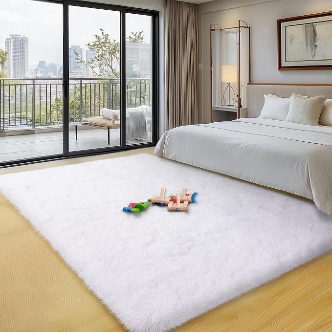 qulint White Rugs for Bedroom 3x5, Soft Shag Fluffy Rug for Living Room | Fuzzy Plush Nursery Rug for Boys Girls, Shaggy Modern Carpet for Dorm Kid Room Classroom Christmas Home Decor Aesthetic