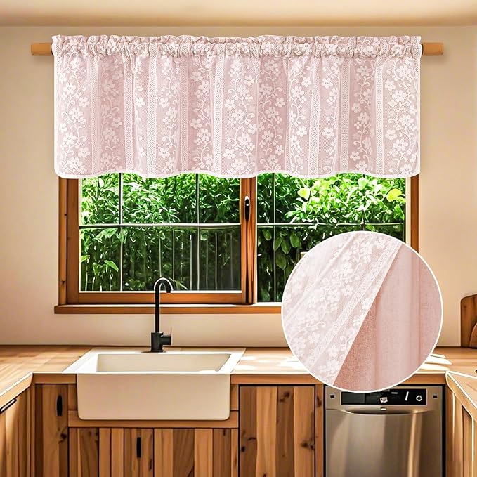 ASPMIZ Linen Valances for Windows Farmhouse, Double Layers Kitchen Curtains with Linen and Lace, Rustic Valance Curtains for Small Window, Kitchen, Bathroom, Cafe, 52 x 18 Inch Rod Pocket, Pink