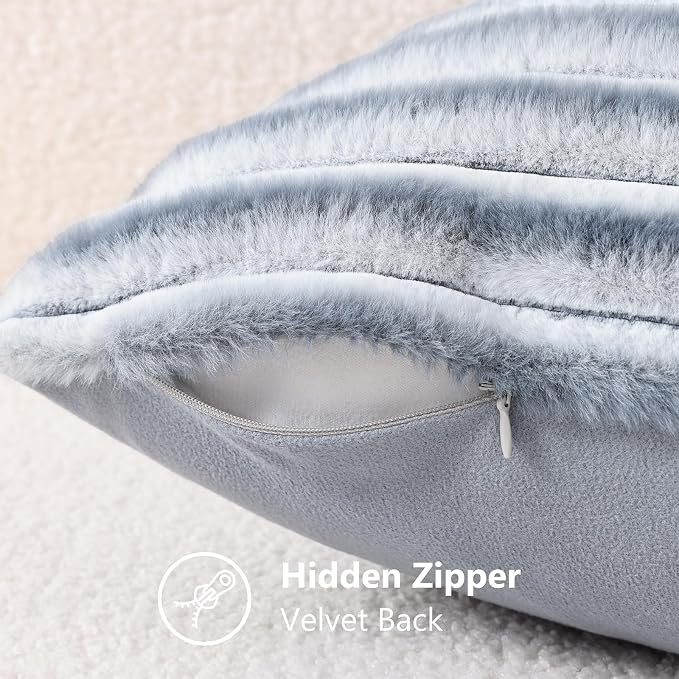 decorUhome Fall Faux Fur Throw Pillow Covers 16x16 Set of 2 Grey White | Decorative Soft Cozy Striped Plush Modern Farmhouse Boho Couch Pillow Cases Velvet Back for Sofa Bed Living Room Home Decor