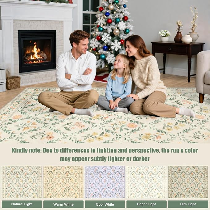Round Area Rug for Living Room: 8 ft Floral Washable Circle Rug Soft Boho Non-Slip Carpet Indoor Floor Stain Resistant Low Pile Small Circular Rug for Bedroom Entryway Kitchen Nursery Beige/Multi