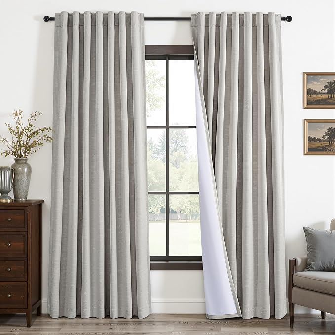 Topfinel Grey Beige Back Tab 95 Inch Blackout Curtains for Bedroom, Rustic Linen Blend Viral Blackout Window Drapes with White Liner Cottagecore Living Room Home Office Curtain 52" W*95" L