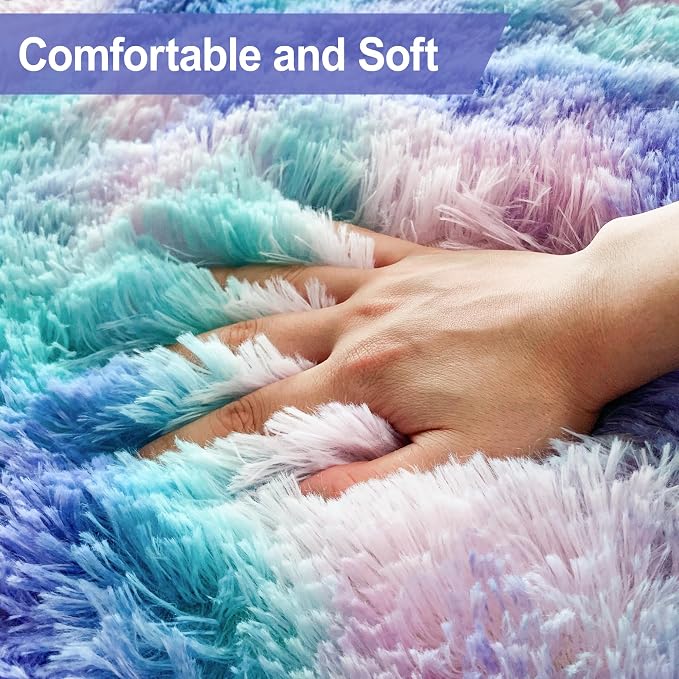Soft Fluffy Purple Rainbow Rug for Bedroom Kids 6x9 Mermaid Stitch Rugs for Girls Bedroom Fuzzy Shag Carpet Cute Plush Shaggy Rugs for Living Room Kids Room Baby Toddler's Room Nursery Decor