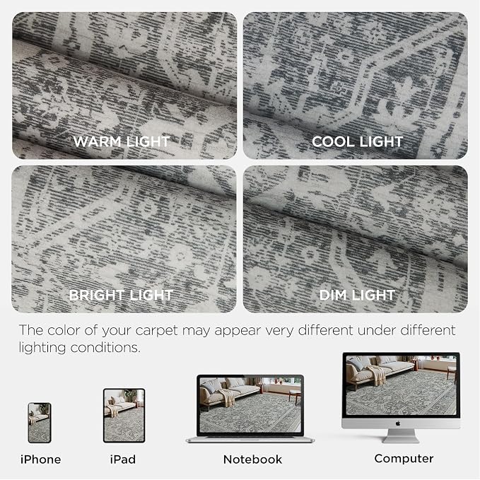Joydeco 5x7 Area Rugs for Living Room, Non Slip Machine Washable Vintage Rug, Low Pile Thin Chenille Print Rugs for Bedroom, Dining Room, Pet & Child Friendly, Home Office, Light Gray&Dark Gray&White