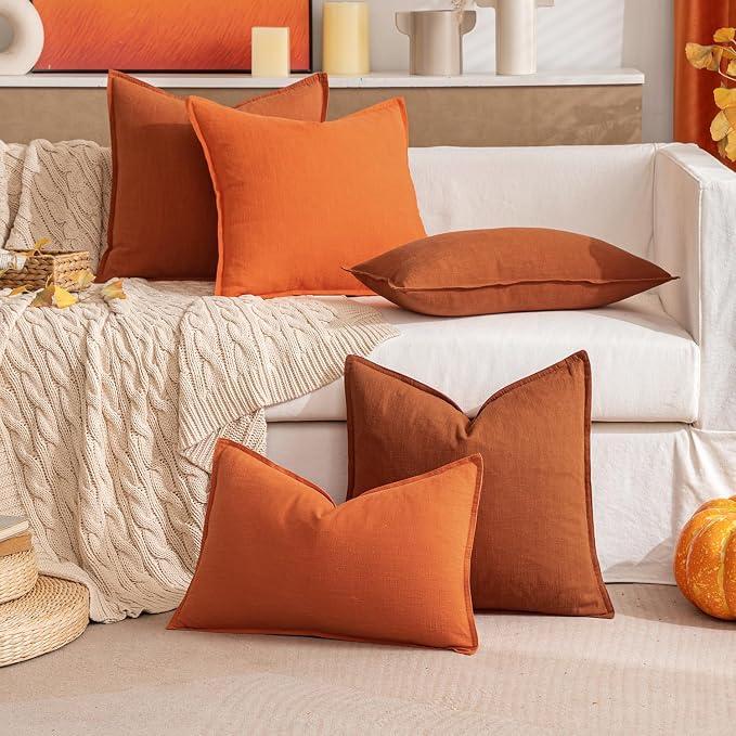 MIULEE Decorative Linen Pillow Covers 18x18 Inch Burnt Orange | Boho Farmhouse Fall Autumn Couch Throw Pillows for Bed, Pack of 2 Accent Modern Pillowcases, Sofa Livingroom Home Decor