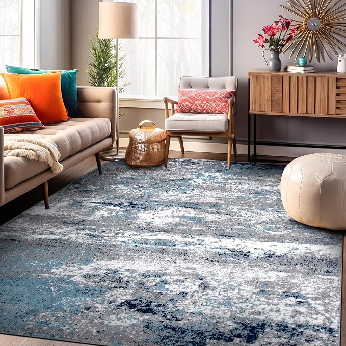 Rugshop Watercolor Distressed Modern Bohemian Large Area Rug Blue 9' x 12'