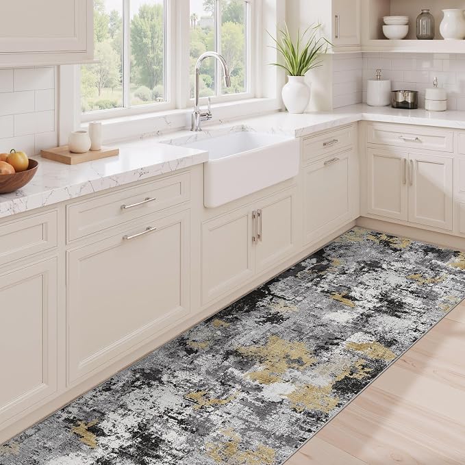 Abstract 2x6 Runner Rug: Machine Washable Non Slip Ultra Thin Low-Pile Carpet, Soft Stain Resistant for Hallway Kitchen Bathroom, Kid Pet Friendly, Robot Vacuum Compatible - Black Gold
