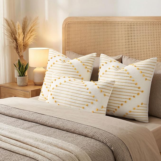 Mecatny Boho Summer Outdoor Throw Pillow Covers 18X18 Set of 2, Farmhouse Decorative Pillow Covers for Couch Sofa Living Room, Yellow & White