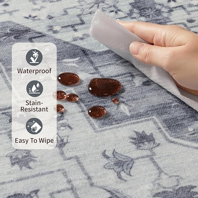 Rugxara 8x10 Washable Area Rug for Living Room, Extra Large Vintage Boho Rugs for Office, Kids Room, Farmhouse, Durable Low Pile Non Slip Carpet for High Traffic Areas,Blue Quartz