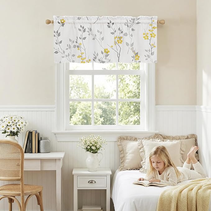 Beauoop Floral Valance Curtains for Kitchen Yellow Grey 52X18 Inch 1 Panel | Flower Patterned Yellow White Blackout Short Curtains for Living Room Bedroom Cafe Thermal Small Window Curtains Rod Pocket